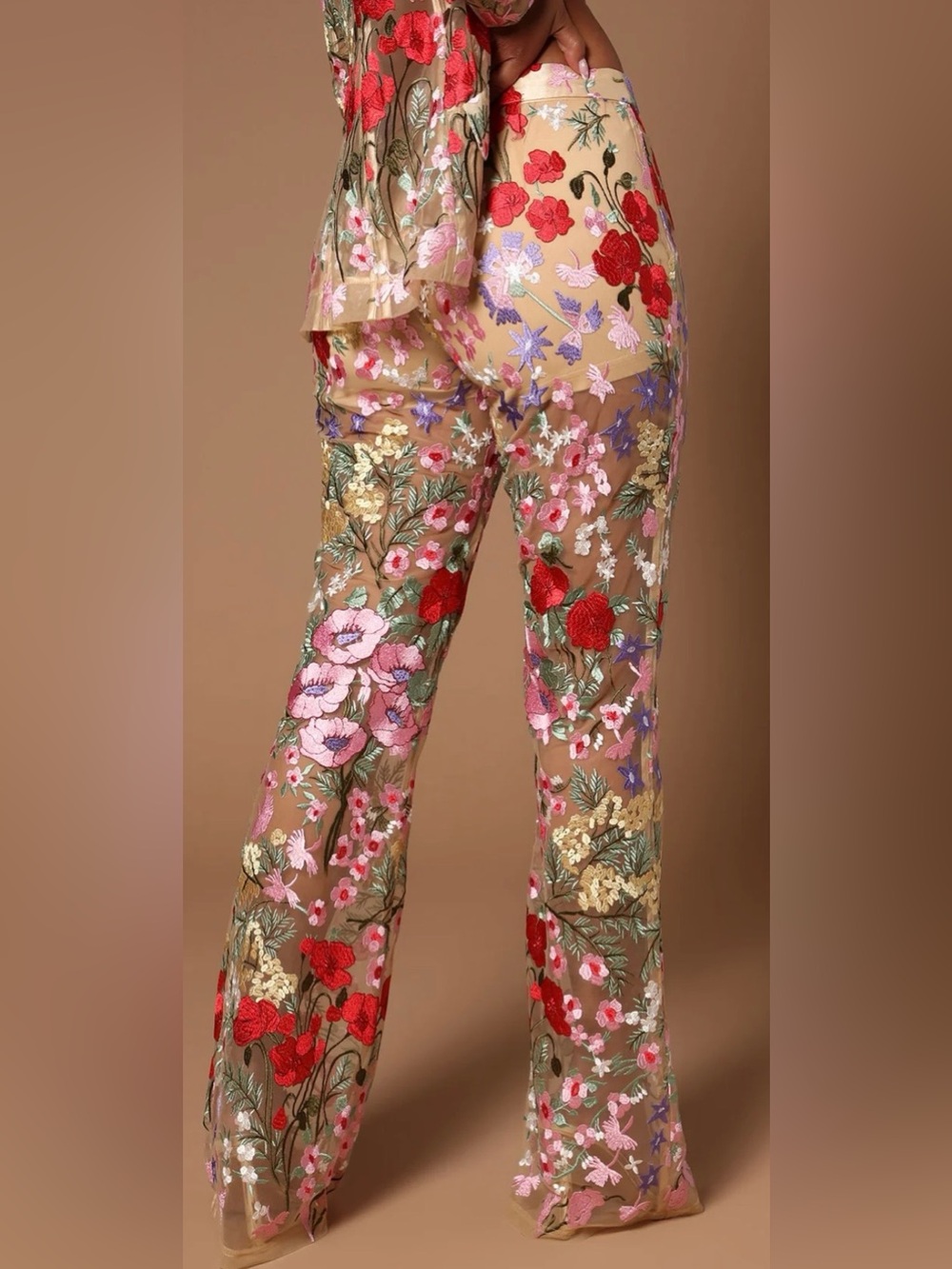 Fashion Nova Nude Sheer Embroidered Floral Suit Pants - Picture 2 of 9